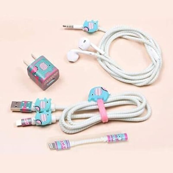 Careflection 6-in-1 USB Cable Protectors + Earphones Winder + Sticker + Cable Clips (Cute Elephant)